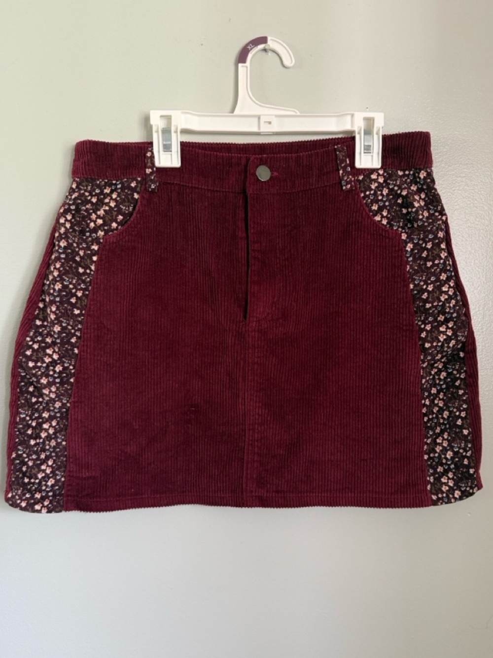 She + Sky Burgundy Corduroy Floral Contrast Mini Skirt Large Boho Cottagecore